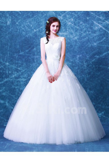 Tulle, Lace Jewel Floor Length Cap Sleeve Ball Gown Dress with Sash