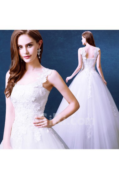 Lace, Organza Square Floor Length Sleeveless Ball Gown Dress with Applique