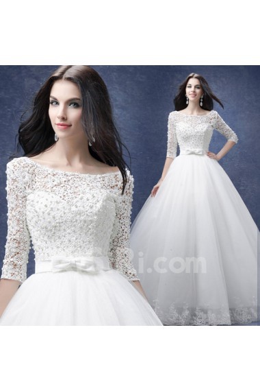 Lace, Tulle Scoop Floor Length Half Sleeve Ball Gown Dress with Bow, Pearl