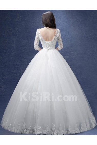 Lace, Tulle Scoop Floor Length Half Sleeve Ball Gown Dress with Bow, Pearl