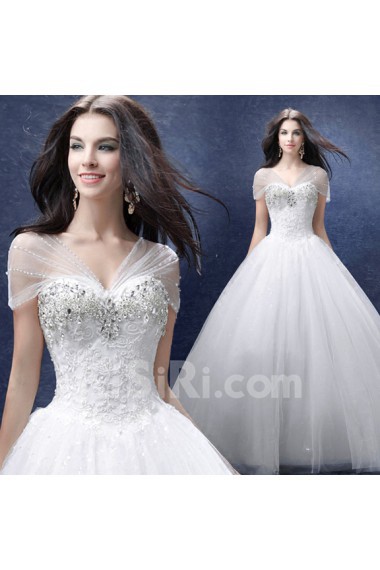 Lace, Organza V-neck Floor Length Cap Sleeve Ball Gown Dress with Rhinestone