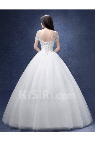 Lace, Organza V-neck Floor Length Cap Sleeve Ball Gown Dress with Rhinestone