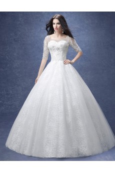 Tulle, Lace Scoop Floor Length Half Sleeve Ball Gown Dress with Rhinestone