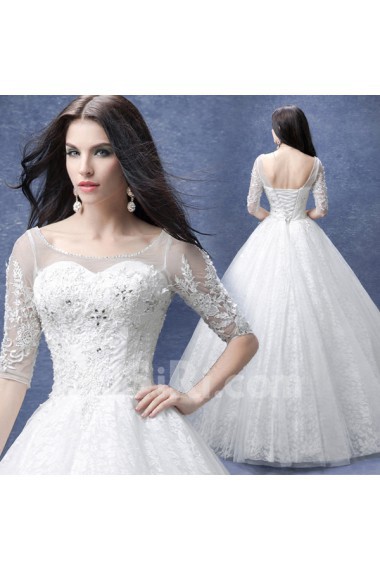 Tulle, Lace Scoop Floor Length Half Sleeve Ball Gown Dress with Rhinestone