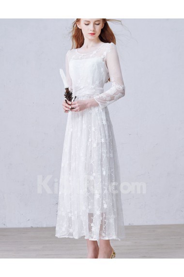 Lace Scoop Ankle-Length Long Sleeve A-line Dress