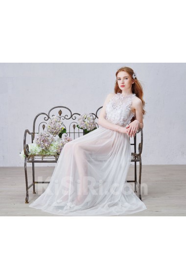 Tulle Jewel Floor Length Sleeveless Column Dress with Lace