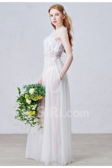 Tulle Jewel Floor Length Sleeveless Column Dress with Lace