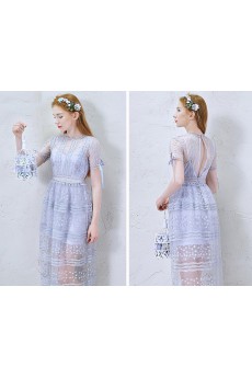 Lace High Collar Ankle-Length Short Sleeve A-line Dress with Handmade Flowers