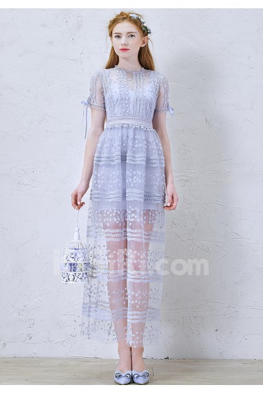 Lace High Collar Ankle-Length Short Sleeve A-line Dress with Handmade Flowers