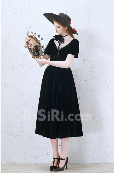 Velvet V-neck Tea-Length Short Sleeve A-line Dress