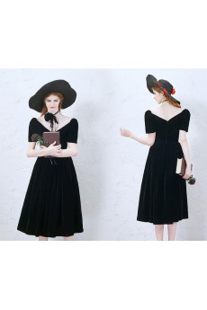 Velvet V-neck Tea-Length Short Sleeve A-line Dress