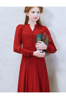 Chiffon V-neck Ankle-Length Long Sleeve A-line Dress