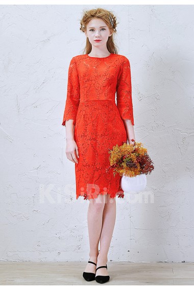 Lace Jewel Knee-Length Three-quarter Sheath Dress