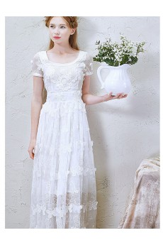 Lace, Tulle Scoop Tea-Length Short Sleeve A-line Dress with Handmade Butterfly