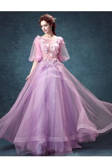 Lace, Tulle Scoop Floor Length Half Sleeve Ball Gown Dress with Handmade Flowers