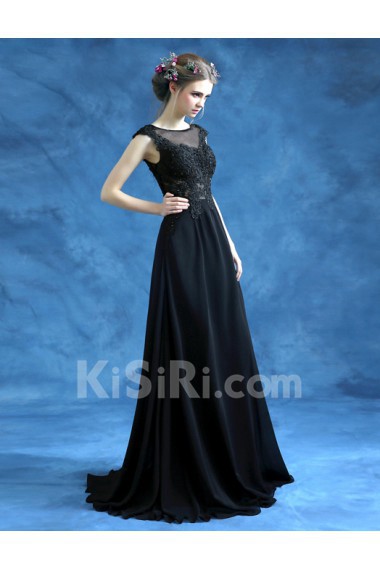 Lace, Organza Scoop Sweep Train Cap Sleeve A-line Dress with Beads