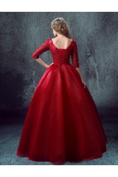 Organza, Lace Scoop Floor Length Half Sleeve Ball Gown Dress with Bow, Rhinestone