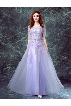 Net, Chiffon Off-the-Shoulder Floor Length Half Sleeve A-line Dress with Bow, Lace
