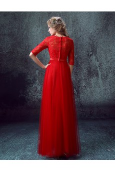 Lace, Tulle Bateau Floor Length Half Sleeve A-line Dress with Sash, Rhinestone