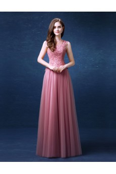 Lace, Organza Jewel Floor Length Sleeveless A-line Dress with Pearl