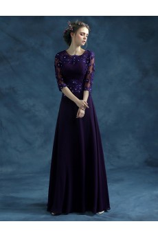 Chiffon, Organza Jewel Floor Length Half Sleeve A-line Dress with Crystal