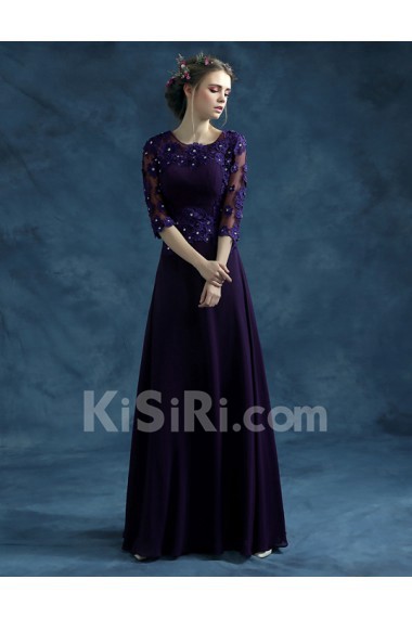Chiffon, Organza Jewel Floor Length Half Sleeve A-line Dress with Crystal