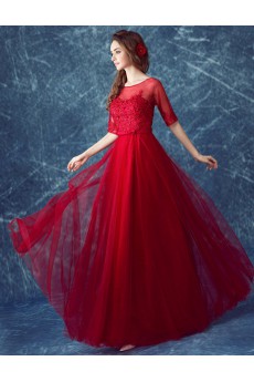 Lace Scoop Floor Length Half Sleeve A-line Dress with Bow