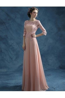 Lace, Chiffon Scoop Floor Length Three-quarter Sheath Dress with Rhinestone