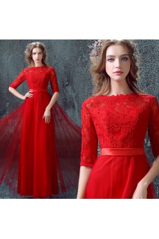 Lace, Tulle Jewel Floor Length Half Sleeve Sheath Dress with Rhinestone