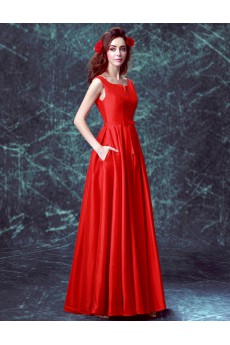 Satin V-neck Floor Length Sleeveless A-line Dress with Bow