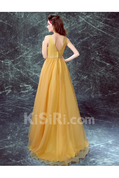 Tulle V-neck Floor Length Sleeveless A-line Dress with Rhinestone