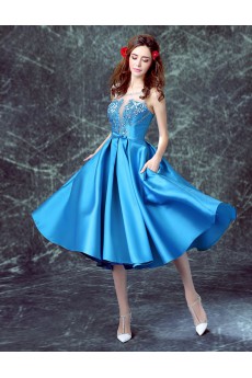 Satin, Organza Scoop Tea-Length Sleeveless A-line Dress with Embroidered, Bow