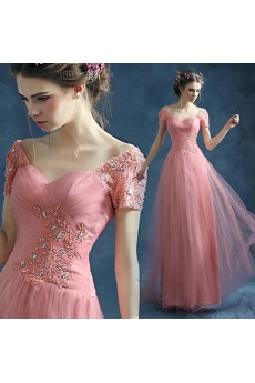 Lace, Tulle Sweetheart Floor Length Short Sleeve A-line Dress with Bead, Rhinestone