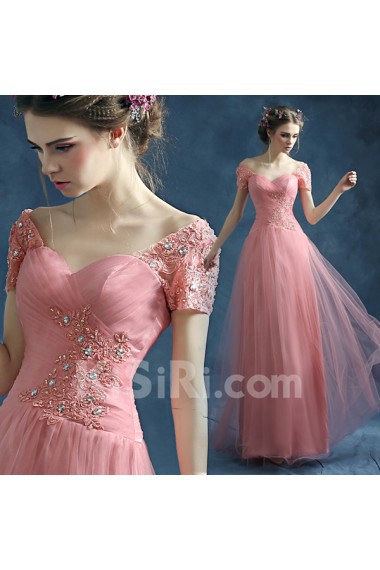 Lace, Tulle Sweetheart Floor Length Short Sleeve A-line Dress with Bead, Rhinestone