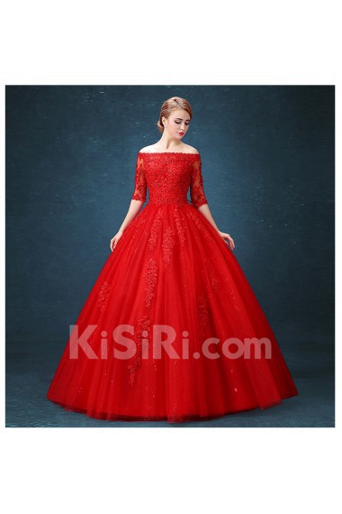 Lace, Net Off-the-Shoulder Floor Length Half Sleeve Ball Gown Dress with Sequins