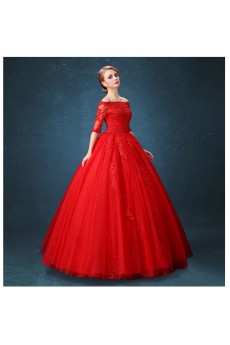 Lace, Net Off-the-Shoulder Floor Length Half Sleeve Ball Gown Dress with Sequins