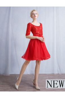Satin Scoop Mini/Short Half Sleeve A-line Dress with Sequins, Beads, Bow
