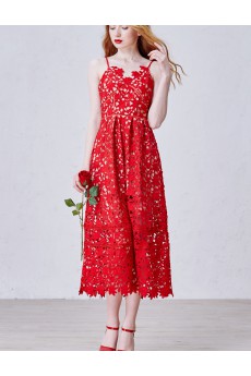 Tulle, Lace Spaghetti Tea-Length Sleeveless A-line Dress