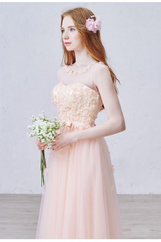 Tulle Scoop Floor Length Cap Sleeve A-line Dress with Pearl, Bow