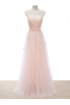 Tulle Scoop Floor Length Cap Sleeve A-line Dress with Pearl, Bow