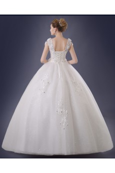 Organza, Lace V-neck Floor Length Cap Sleeve Ball Gown Dress with Rhinestone, Handmade Flower