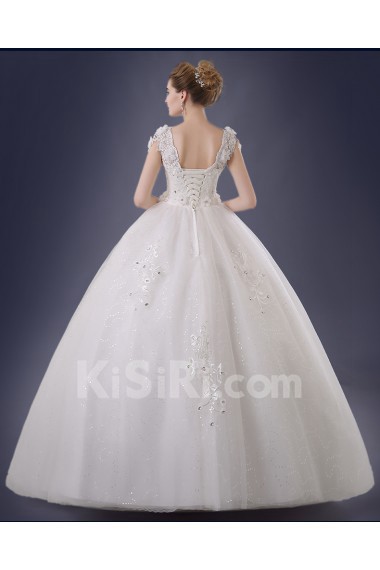 Organza, Lace V-neck Floor Length Cap Sleeve Ball Gown Dress with Rhinestone, Handmade Flower