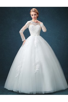 Tulle, Lace Jewel Floor Length Long Sleeve Ball Gown Dress with Bow