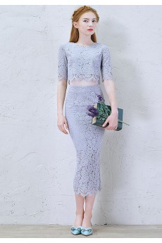 Lace Jewel Tea-Length Half Sleeve Sheath Dress