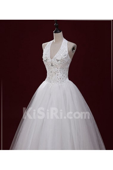 Lace, Tulle Halter Floor Length Sleeveless Ball Gown Dress with Sequins