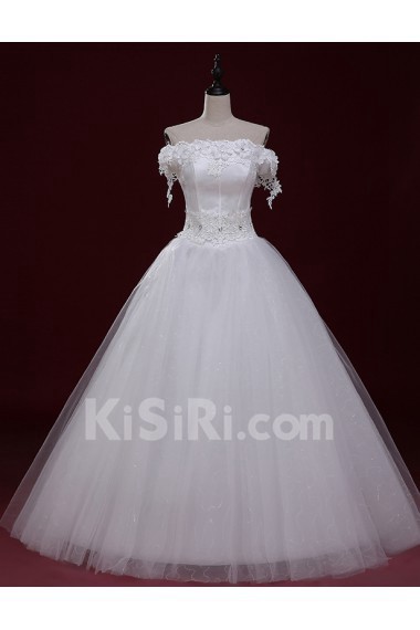 Lace, Tulle Off-the-Shoulder Floor Length Short Sleeve Ball Gown Dress with Handmade Flowers, Rhinestone