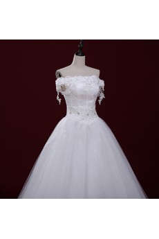 Lace, Tulle Off-the-Shoulder Floor Length Short Sleeve Ball Gown Dress with Handmade Flowers, Rhinestone