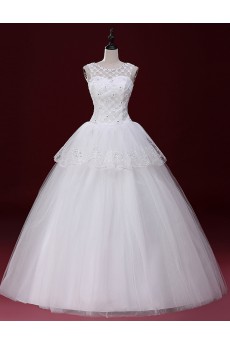 Tulle Scoop Floor Length Sleeveless Ball Gown Dress with Handmade Flowers, Rhinestone