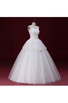 Tulle Scoop Floor Length Sleeveless Ball Gown Dress with Handmade Flowers, Rhinestone