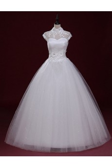 Lace, Tulle High Collar Floor Length Cap Sleeve Ball Gown Dress with Handmade Flowers, Rhinestone
